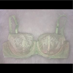 VS 34C Unlined Demi Bra Lace & Rhinestones- Light Green/Cream